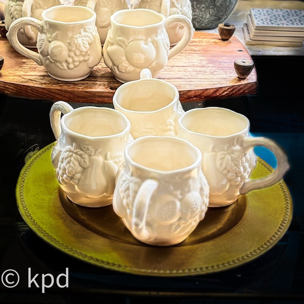 Set of 4 Mid Century White Embossed Porcelain Coffee Mugs